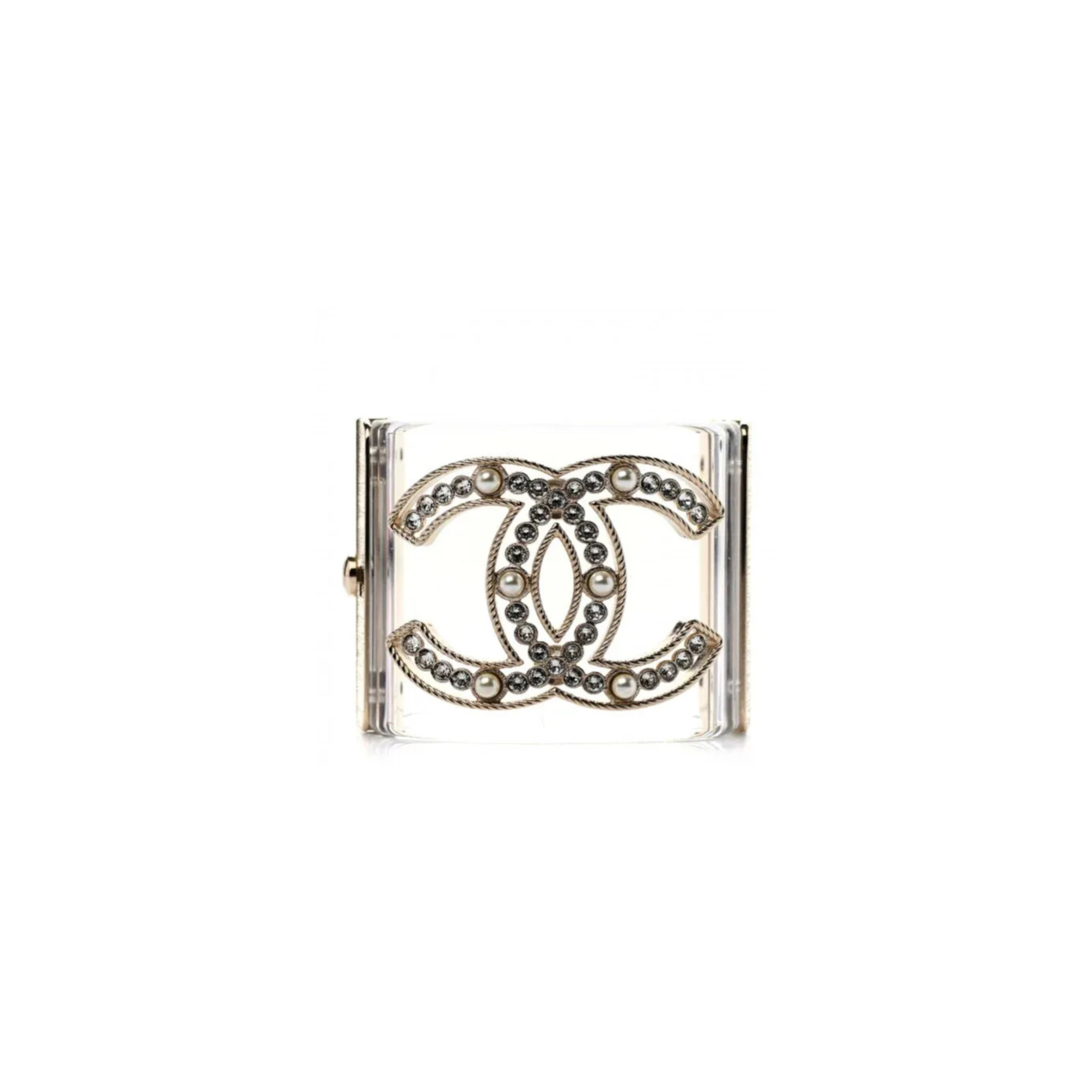 CHANEL CLEAR RESIN & FAUX PEARL CC WIDE CUFF BRACELET 